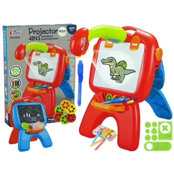 LEAN TOYS Dvipusė lenta su kreidelių rašikliais, stovu ir projektoriumi „Paveikslėliai“ raudona