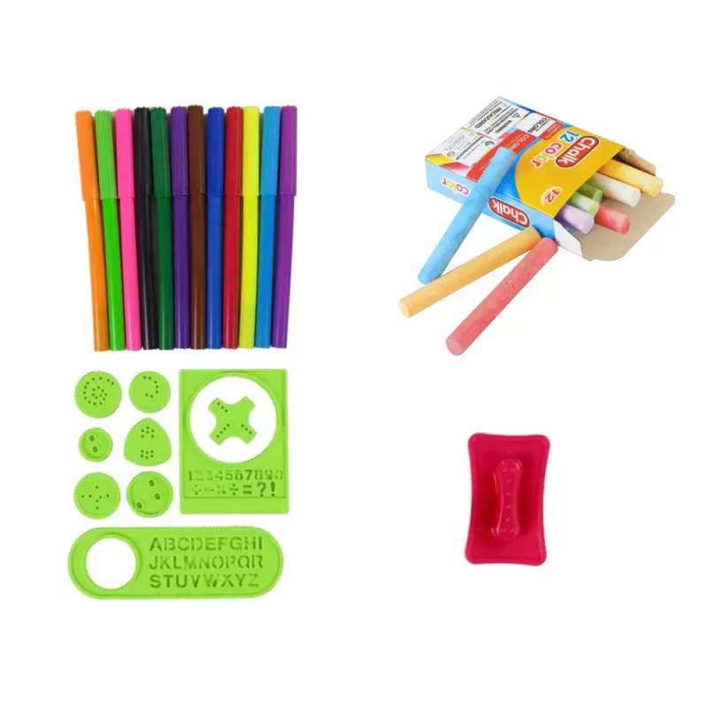 LEAN TOYS Dvipusė magnetinė kreidinė lenta su mėlynais ir raudonais šablonais