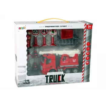 LEAN TOYS Fire Brigade Set su kranu, kelio ženklais ir ugniagesiu