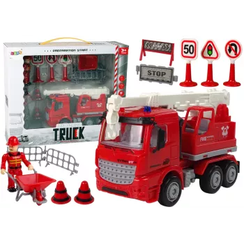 LEAN TOYS Fire Brigade Set su kranu, kelio ženklais ir ugniagesiu