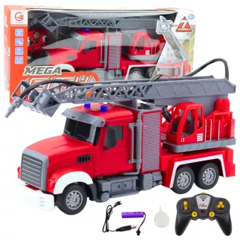 LEAN TOYS gaisrinis automobilis su vandens purškimo funkcija ir besisukančia kopėčia, 1:24 RC