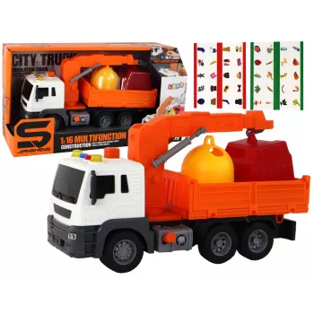 LEAN TOYS Šiukšliavežis su Kranu Friction Drive Oranžinis 1:16