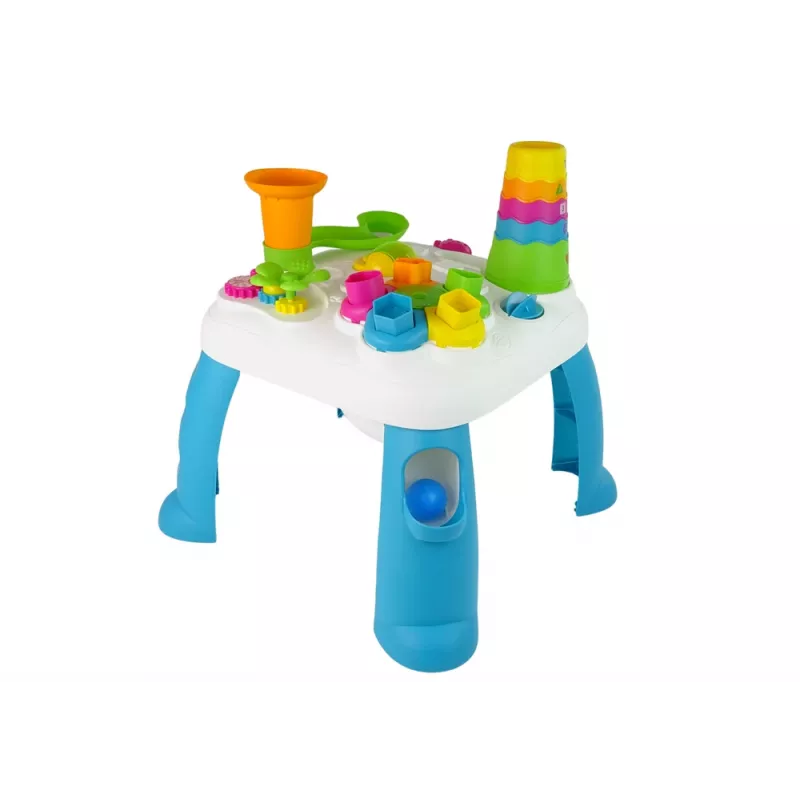 LEAN TOYS Interaktyvus edukacinis stalas su kamuoliukų rūšiuokle ir čiuožykla mėlynas