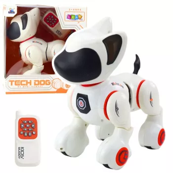 LEAN TOYS interaktyvus robotas šuo su nuotolinio valdymo pultu, šviesos ir garso efektai, baltos ir oranžinės spalvos