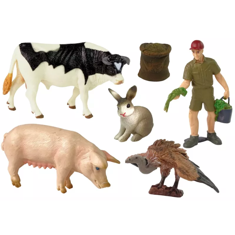 LEAN TOYS Didelių ūkio gyvūnų figūrėlių rinkinys + ūkininkas ir sodyba, 10 vienetų