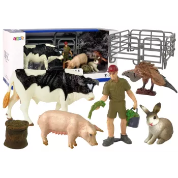 LEAN TOYS Didelių ūkio gyvūnų figūrėlių rinkinys + ūkininkas ir sodyba, 10 vienetų