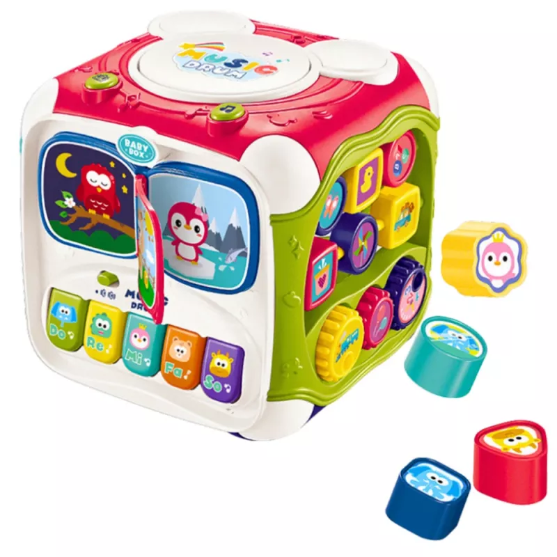 LEAN TOYS didelis daugiafunkcis edukacinis kubas su pianinu, rūšiuokliu ir būgnu – interaktyvus 6 pusių žaislas su šviesomis, garsais, karoliukų labirintu ir formų rūšiuokliu