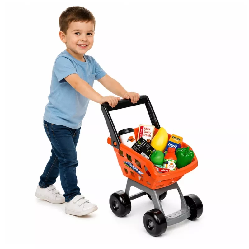 LEAN TOYS Didelis prekybos centro kasos aparato ir vežimėlio rinkinys – 60 dalių su šviesomis, garsais ir aksesuarais, vaidmenų žaidimui vaikams nuo 3 m.