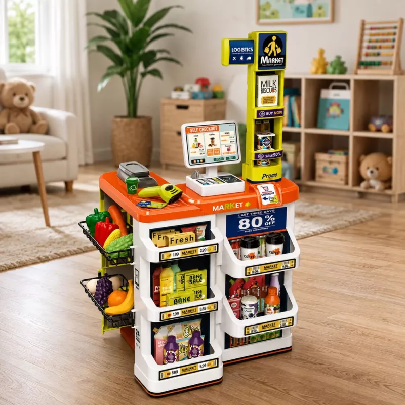 LEAN TOYS Didelis prekybos centro kasos aparato ir vežimėlio rinkinys – 60 dalių su šviesomis, garsais ir aksesuarais, vaidmenų žaidimui vaikams nuo 3 m.