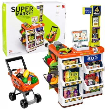 LEAN TOYS Didelis prekybos centro kasos aparato ir vežimėlio rinkinys – 60 dalių su šviesomis, garsais ir aksesuarais, vaidmenų žaidimui vaikams nuo 3 m.