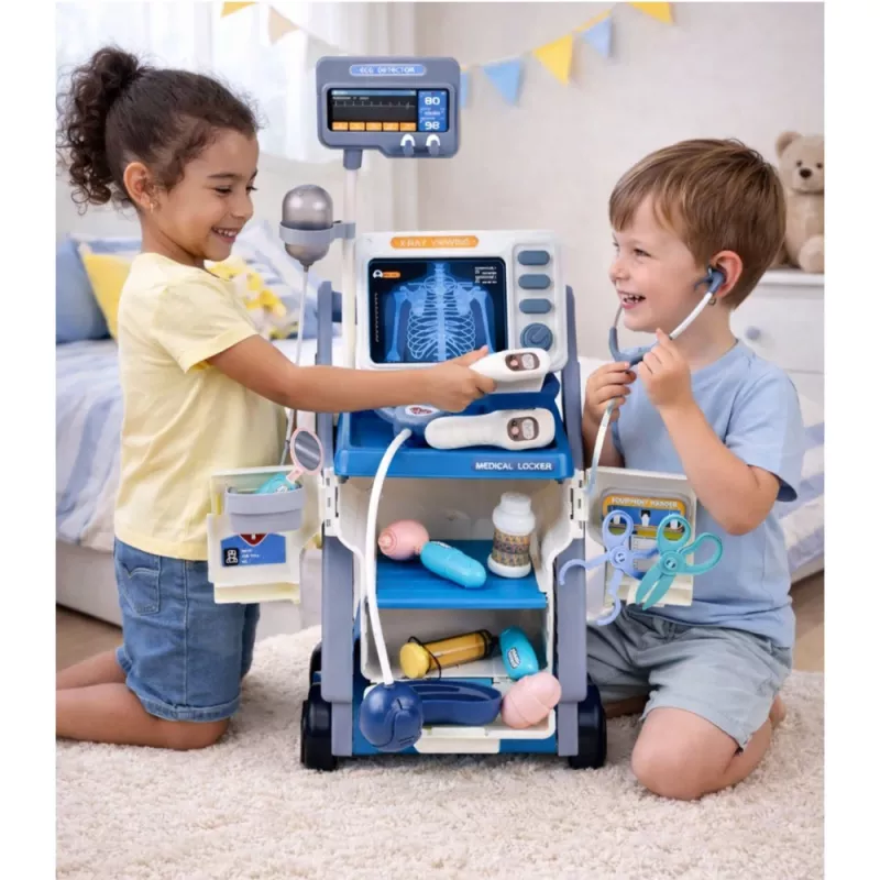 LEAN TOYS Little Doctor's Set Medical Cart X-Ray ECG Lights Blue 16 pcs