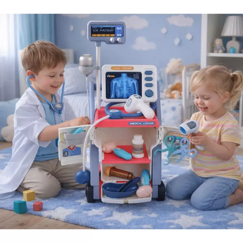 LEAN TOYS Little Doctor's Set Medical Cart X-Ray ECG Lights Pink 16 vnt.
