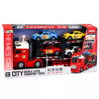 LEAN TOYS Lora Transporter vilkikas su priekaba ir 4 automobiliukais, šviesomis ir garsais – inercinis žaislinis autovežis