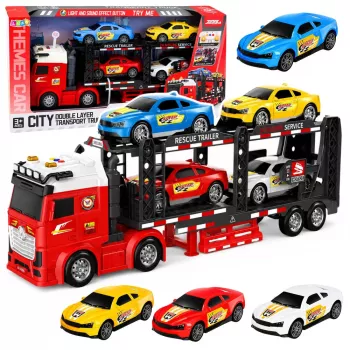 LEAN TOYS Lora Transporter vilkikas su priekaba ir 4 automobiliukais, šviesomis ir garsais – inercinis žaislinis autovežis