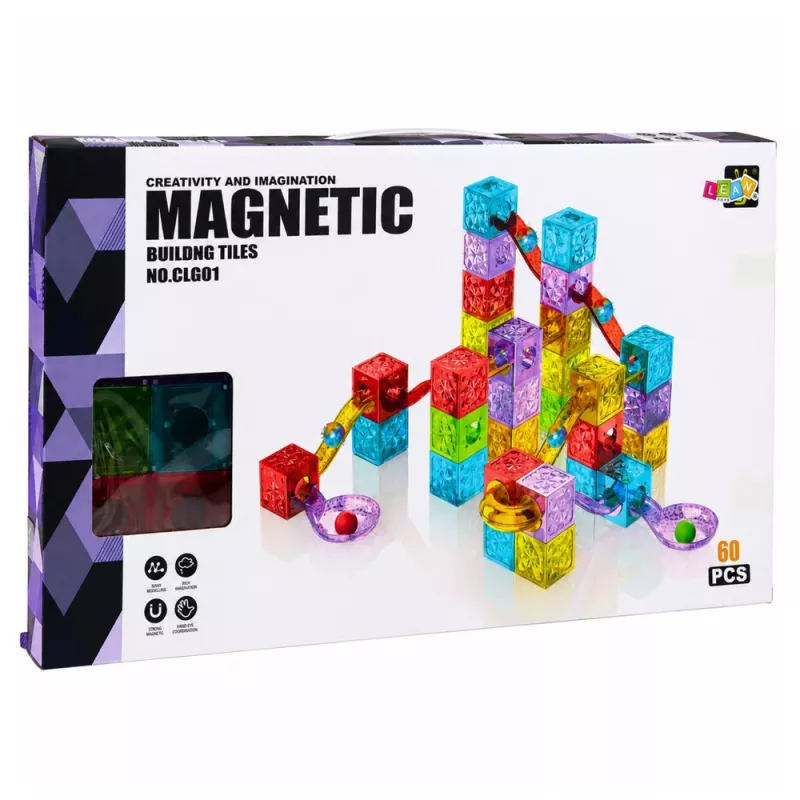 LEAN TOYS Magnetiniai statybiniai blokeliai 60 vnt. – spalvotas kubelių ir kamuoliuko takelio konstravimo rinkinys