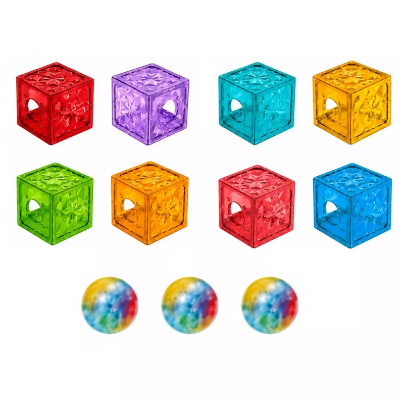 LEAN TOYS Magnetiniai statybiniai blokeliai 60 vnt. – spalvotas kubelių ir kamuoliuko takelio konstravimo rinkinys