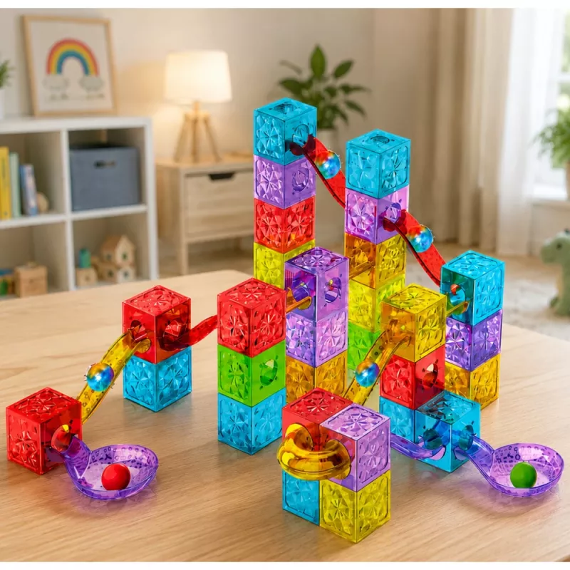 LEAN TOYS Magnetiniai statybiniai blokeliai 60 vnt. – spalvotas kubelių ir kamuoliuko takelio konstravimo rinkinys
