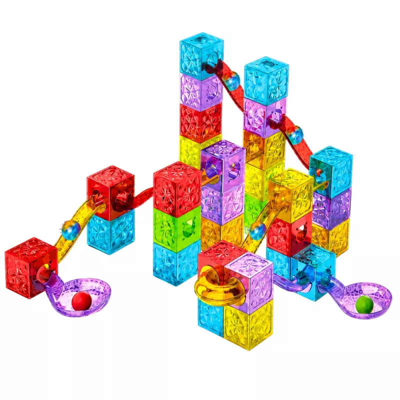 LEAN TOYS Magnetiniai statybiniai blokeliai 60 vnt. – spalvotas kubelių ir kamuoliuko takelio konstravimo rinkinys