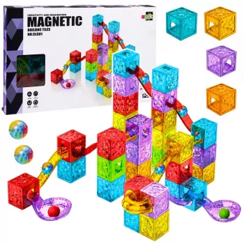 LEAN TOYS Magnetiniai statybiniai blokeliai 60 vnt. – spalvotas kubelių ir kamuoliuko takelio konstravimo rinkinys