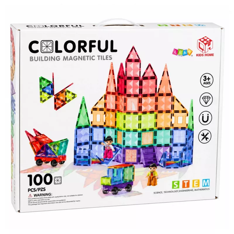 LEAN TOYS Magnetiniai konstrukciniai blokeliai 3D plokštės kūrybiniai STEM spalvoti 100 vnt.