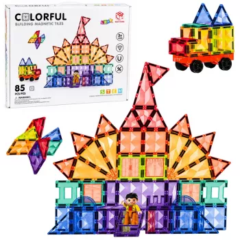 LEAN TOYS Magnetic Construction Blocks 3D Panels Creative STEM Colorful 85 vnt.