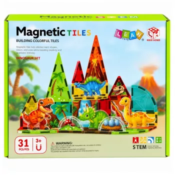 LEAN TOYS Magnetinės konstrukcinės kaladėlės Dinozaurai ir ugnikalnis, 31 vnt.