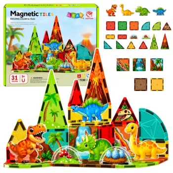 LEAN TOYS Magnetinės konstrukcinės kaladėlės Dinozaurai ir ugnikalnis, 31 vnt.