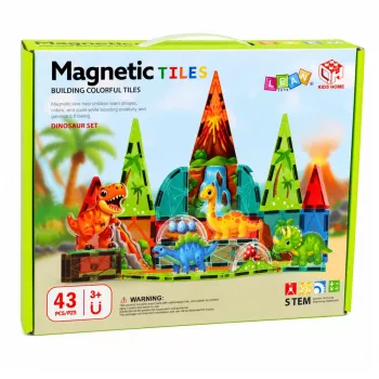 LEAN TOYS Magnetiniai konstruktoriai Dinozaurai ir ugnikalnis – 43 dalių STEM lavinamasis rinkinys vaikams nuo 3 m.