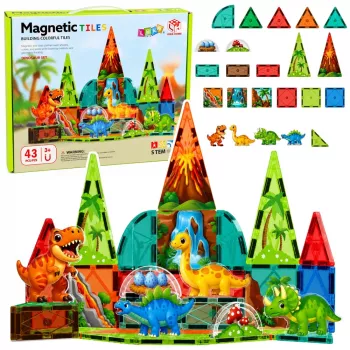 LEAN TOYS Magnetiniai konstruktoriai Dinozaurai ir ugnikalnis – 43 dalių STEM lavinamasis rinkinys vaikams nuo 3 m.