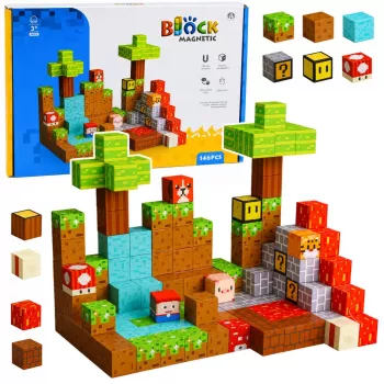 LEAN TOYS Magnetic Construction Blocks Pixel World spalvoti kubeliai, 146 vnt.