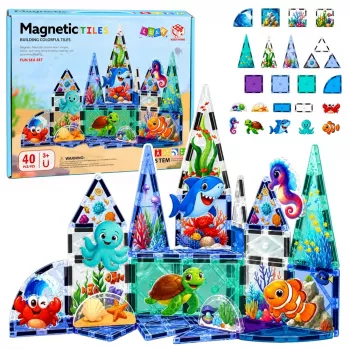 LEAN TOYS magnetiniai konstravimo blokeliai Jūros gyvūnai Vandenynas 40 vnt.