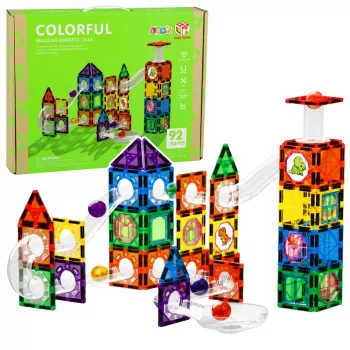 LEAN TOYS Magnetinių konstrukcinių blokelių rinkinys su kamuoliukais ir dinozaurais – 92 dalys