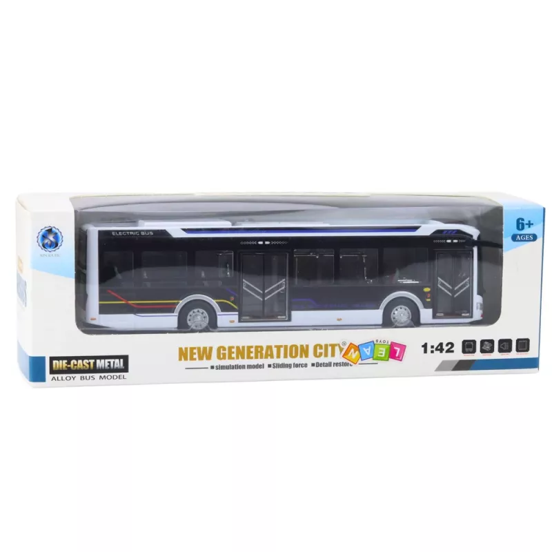 LEAN TOYS Metal City Bus White 1:43 liejamo metalo autobusas su atidaromomis durimis