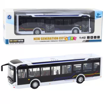 LEAN TOYS Metal City Bus White 1:43 liejamo metalo autobusas su atidaromomis durimis