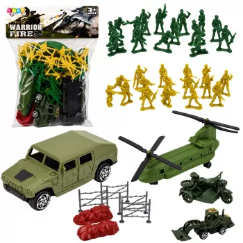 LEAN TOYS karinis rinkinys su kareiviais, sraigtasparniu ir transporto priemonėmis, bazė, 58 vnt.