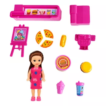 LEAN TOYS Mini lėlių rinkinys su kasos aparatu, pardavėja, mėsainiu ir ledų aksesuarais