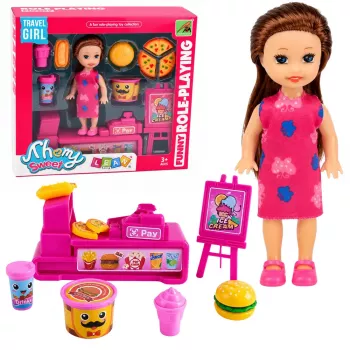 LEAN TOYS Mini lėlių rinkinys su kasos aparatu, pardavėja, mėsainiu ir ledų aksesuarais