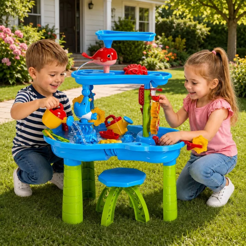 LEAN TOYS Daugiapakopis vandens stalas su kėdute ir formelėmis 63 cm