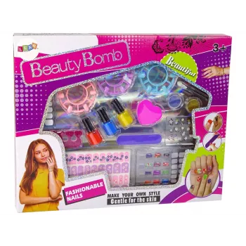 LEAN TOYS Nagų dažymo rinkinys su lakais, lipdukais, šablonais ir blizgučiais