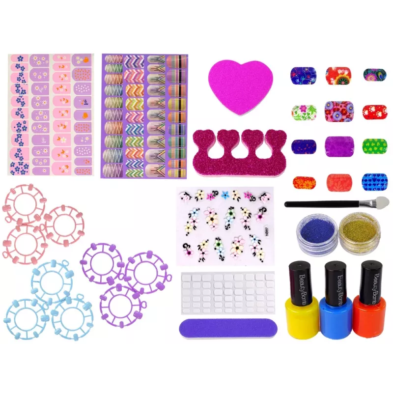 LEAN TOYS Nagų dažymo rinkinys su lakais, lipdukais, šablonais ir blizgučiais