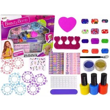 LEAN TOYS Nagų dažymo rinkinys su lakais, lipdukais, šablonais ir blizgučiais