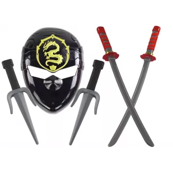 LEAN TOYS Ninja Warrior rinkinys su kauke, kardu, durklais, šurikenais, lanku ir strėlėmis – raudonos dekoracijos (10 dalių)