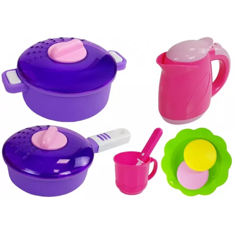 LEAN TOYS Pink Kitchen su vandens puodais, maisto produktais ir garsu