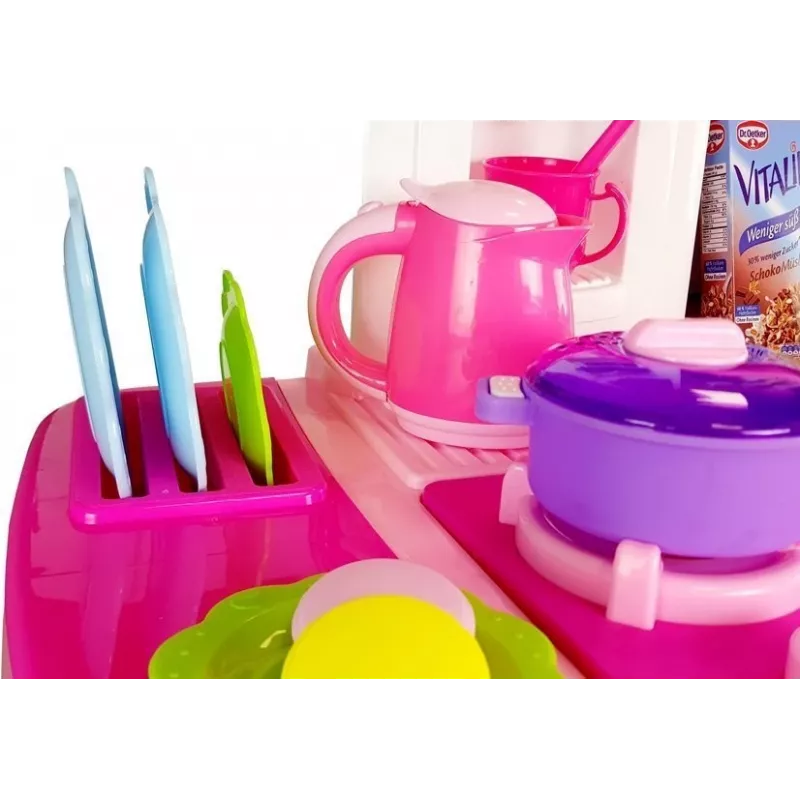 LEAN TOYS Pink Kitchen su vandens puodais, maisto produktais ir garsu