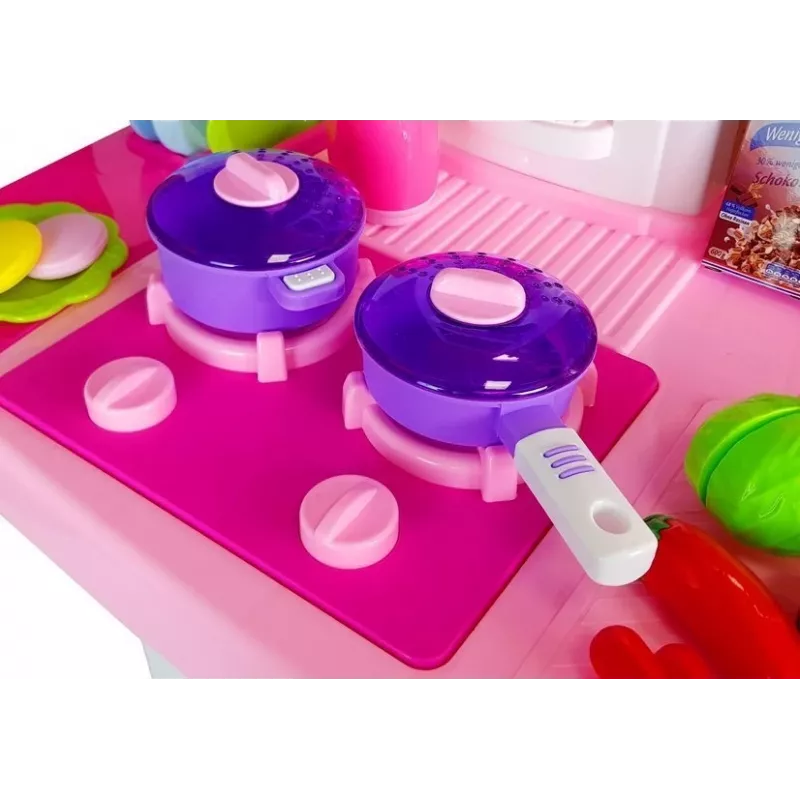 LEAN TOYS Pink Kitchen su vandens puodais, maisto produktais ir garsu