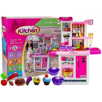 LEAN TOYS Pink Kitchen su vandens puodais, maisto produktais ir garsu