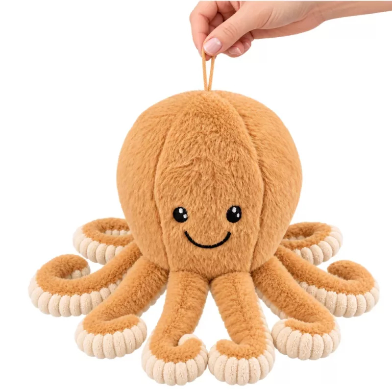LEAN TOYS pliušinis aštuonkojis minkštas žaislas su siurbtuku smėlio spalvos 16 cm