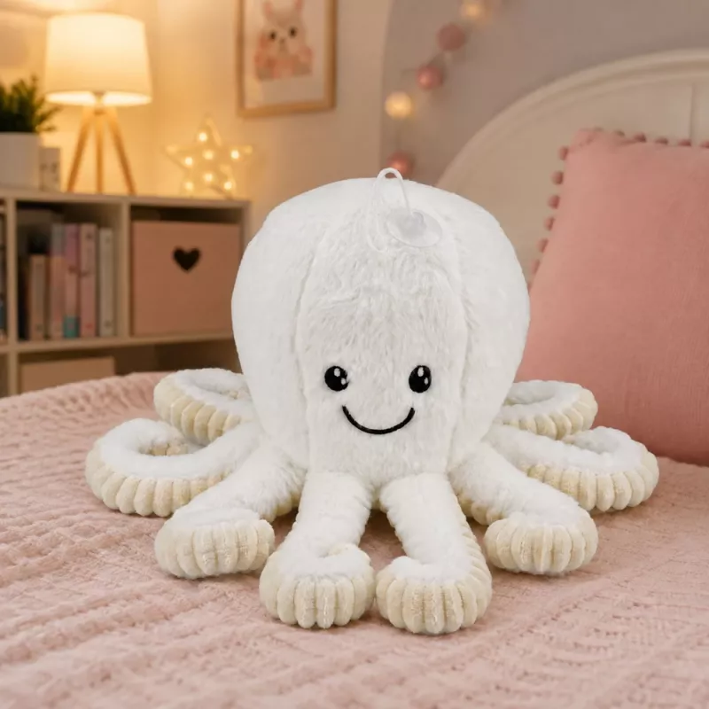 LEAN TOYS aštuonkojis su prisisiurbimo taurele, baltas, 16 cm – minkštas jūrų gyvūnijos draugas