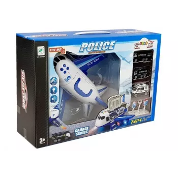 LEAN TOYS Police sulankstomas lėktuvas su automobiliais 1:64 su šviesomis ir garsais