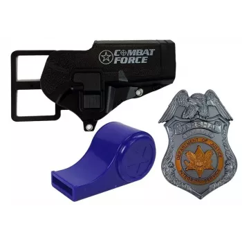 LEAN TOYS Policijos rinkinys su revolveriu 20 cm, ženkleliu, dėklu, švilpuku, garso ir šviesos efektais